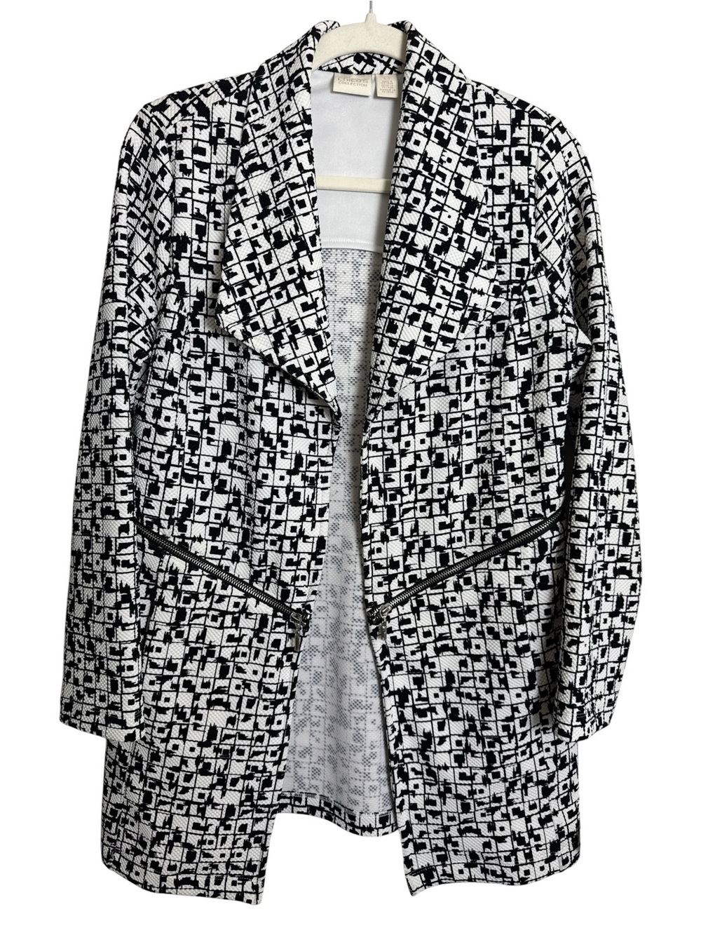 Chico's Travelers Collection Black & White Geometric Open-Front Jacket
